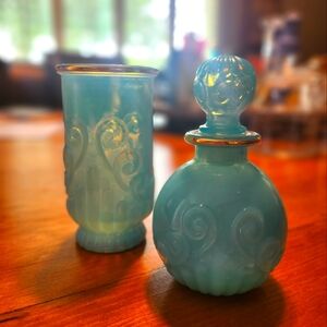 Vintage Avon Bristol Blue Empty Glass Decanter and Vase Set